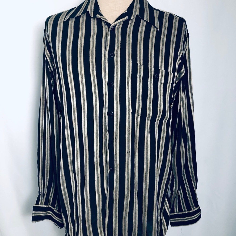 COPY - Mens Black/Tan Striped Dress Shirt.Size medium SingleMom BreastCancer Fu…